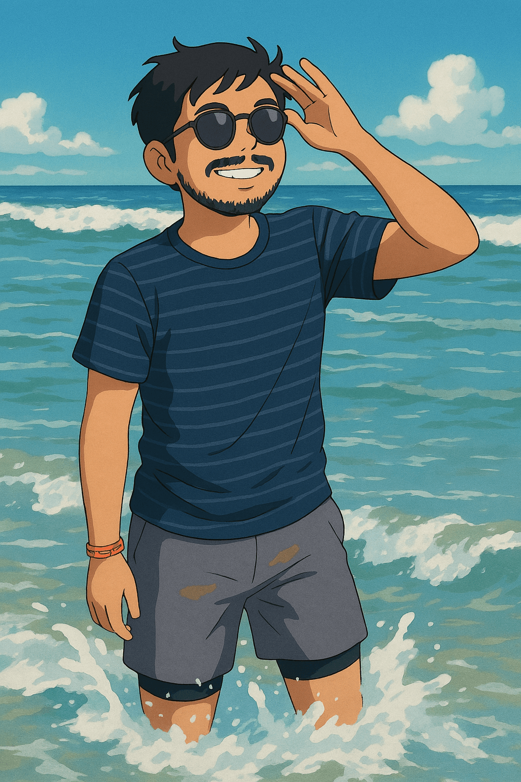 Illustrated portrait of Ankur smiling by the sea